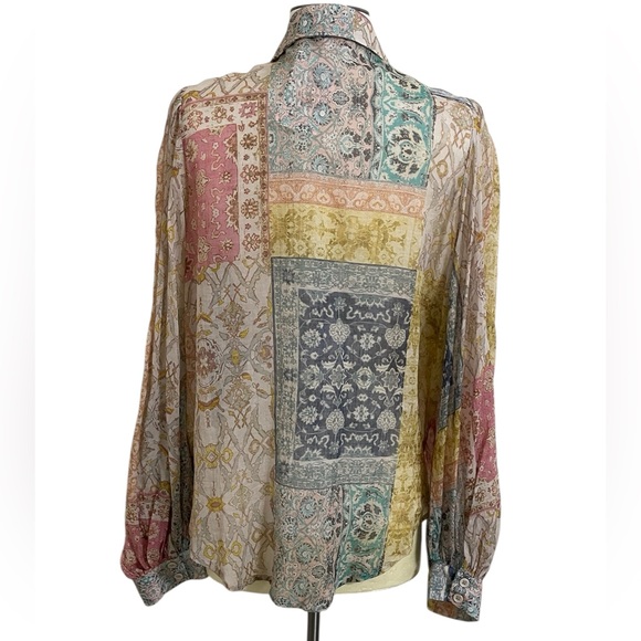 New Olivaceous Boho Semi-sheer Faded Patchwork Button Down Blouse Large - Picture 6 of 10